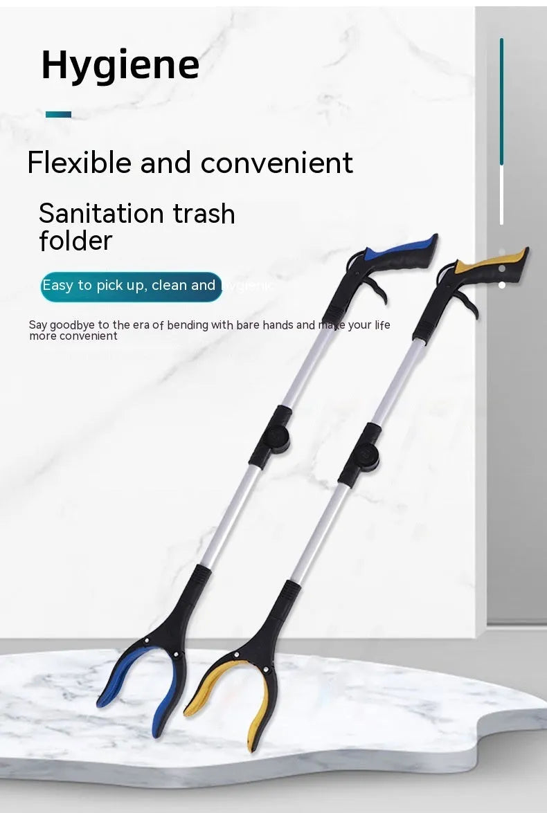 Folded aluminium garbage clamp with magnet sucker and blue handle, showing its compact 42cm storage size.