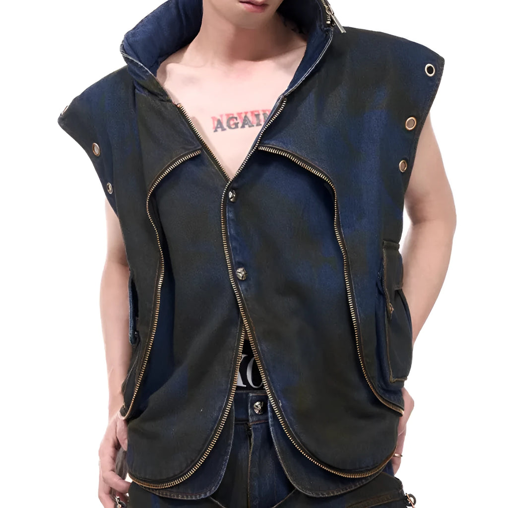 Blue hooded denim vest and matching trousers co-ord set with zip front closure