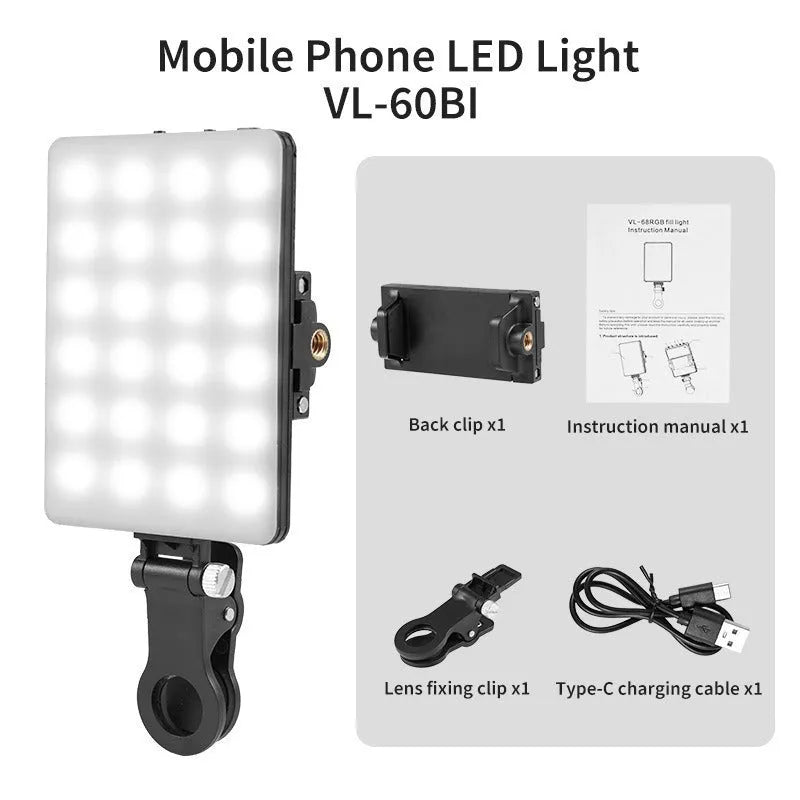 Portable LED fill light with clip attached to mobile phone for photography