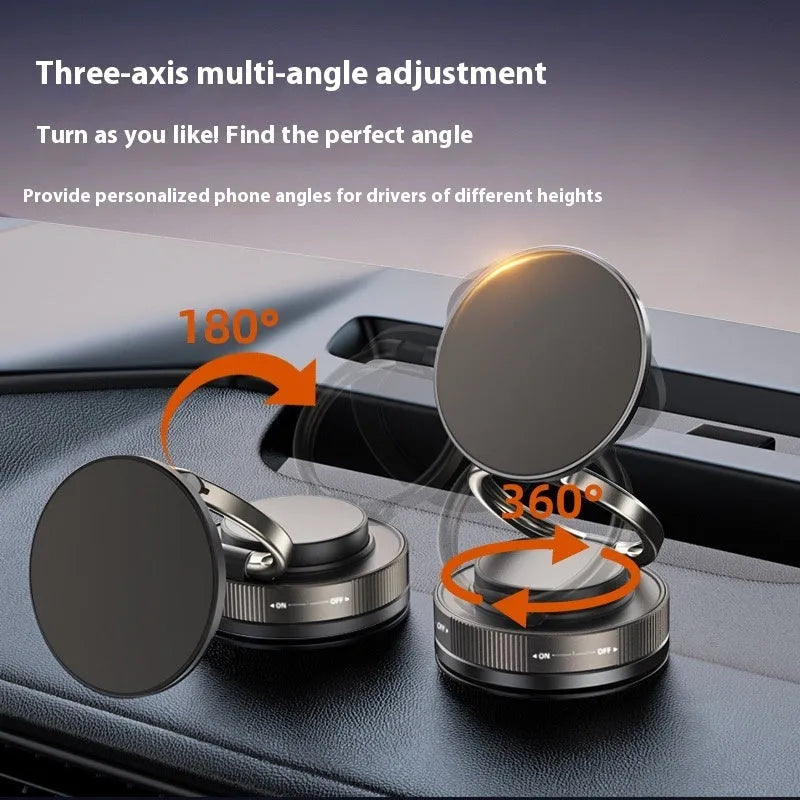 Alloy car phone holder with vacuum adsorption base and magnetic mount for dashboard or windscreen in black