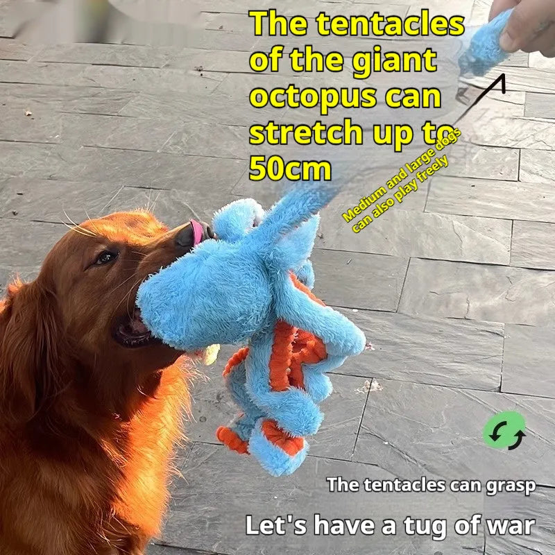 Plush octopus interactive dog pull toy for medium to large dogs, available in blue or orange, with pull-cord design for tug play.