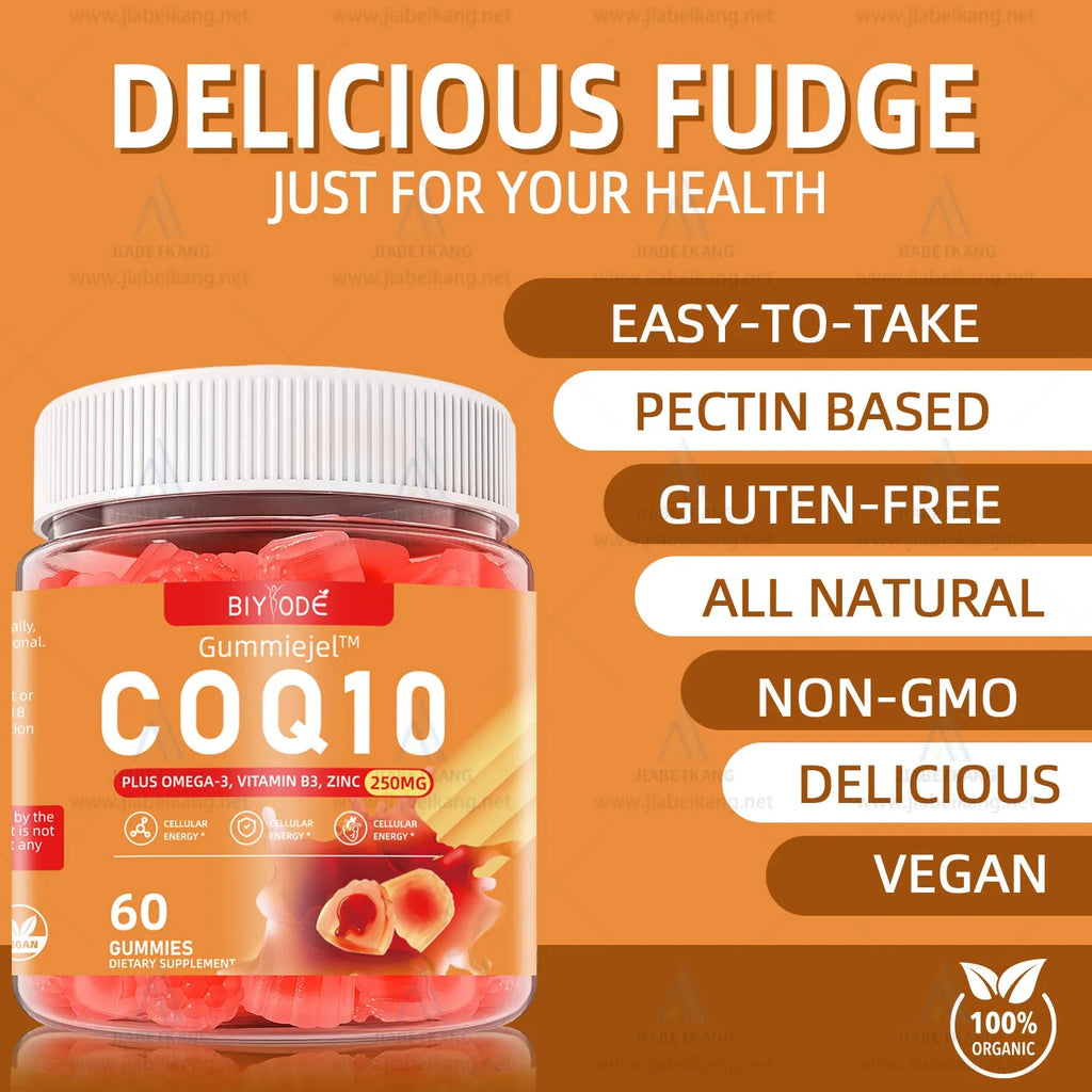 Bottle of 60 zinc CoQ10 omega-3 vitamin B3 gummies for adult heart blood health and immune support