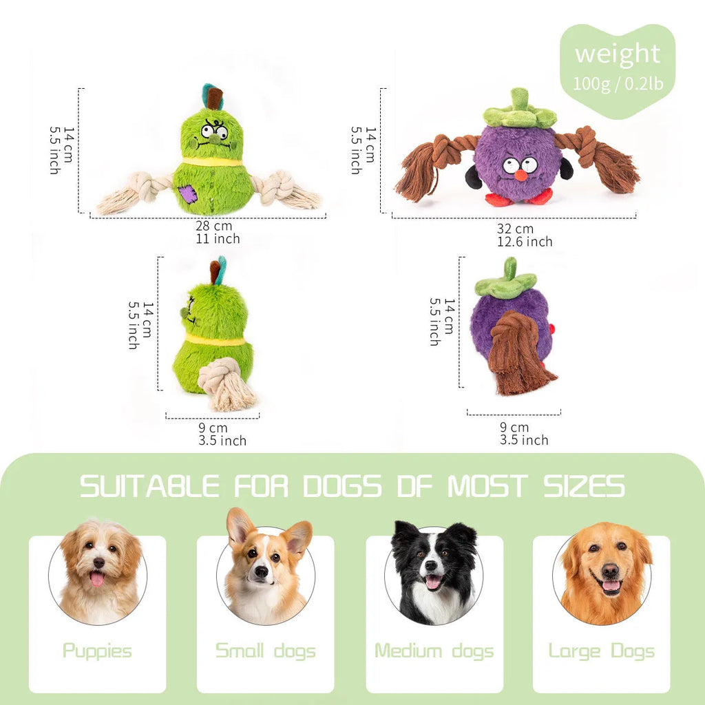 Green or purple plush rope knot dog toy with built-in molar tooth elements for tug-of-war and dental play