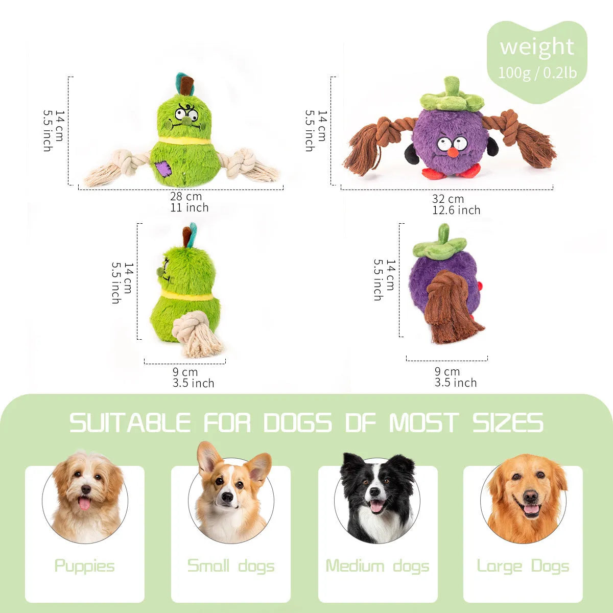 Green or purple plush rope knot dog toy with built-in molar tooth elements for tug-of-war and dental play
