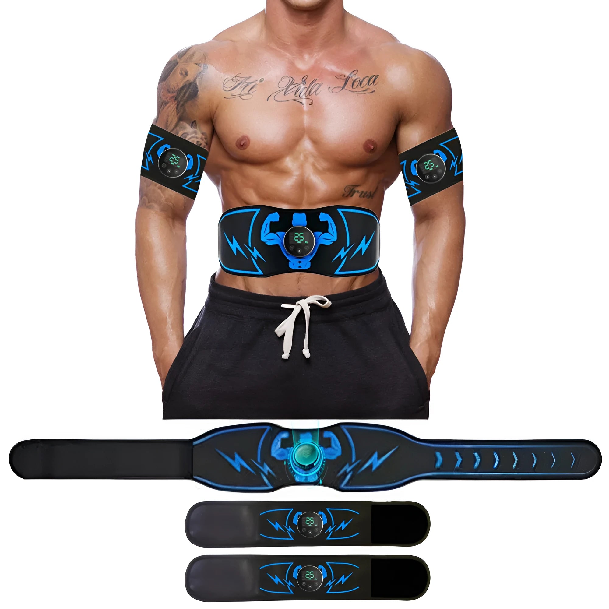 EMS abdominal belt with blue host unit and wireless remote control for muscle stimulation