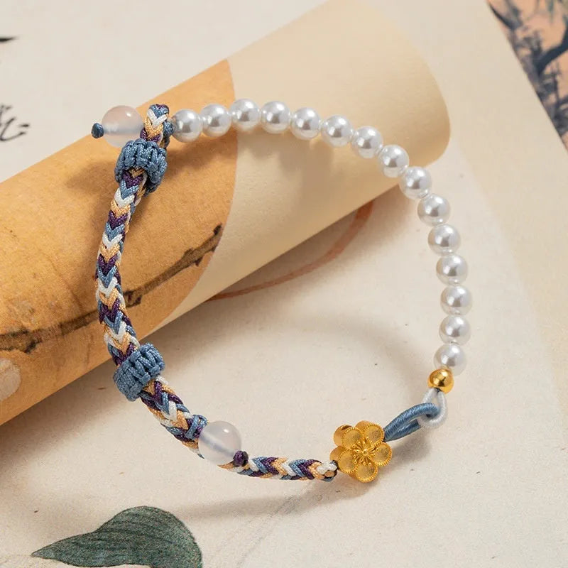 Peach-coloured Chinese flower weaving bracelet with sterling silver chalcedony clasp