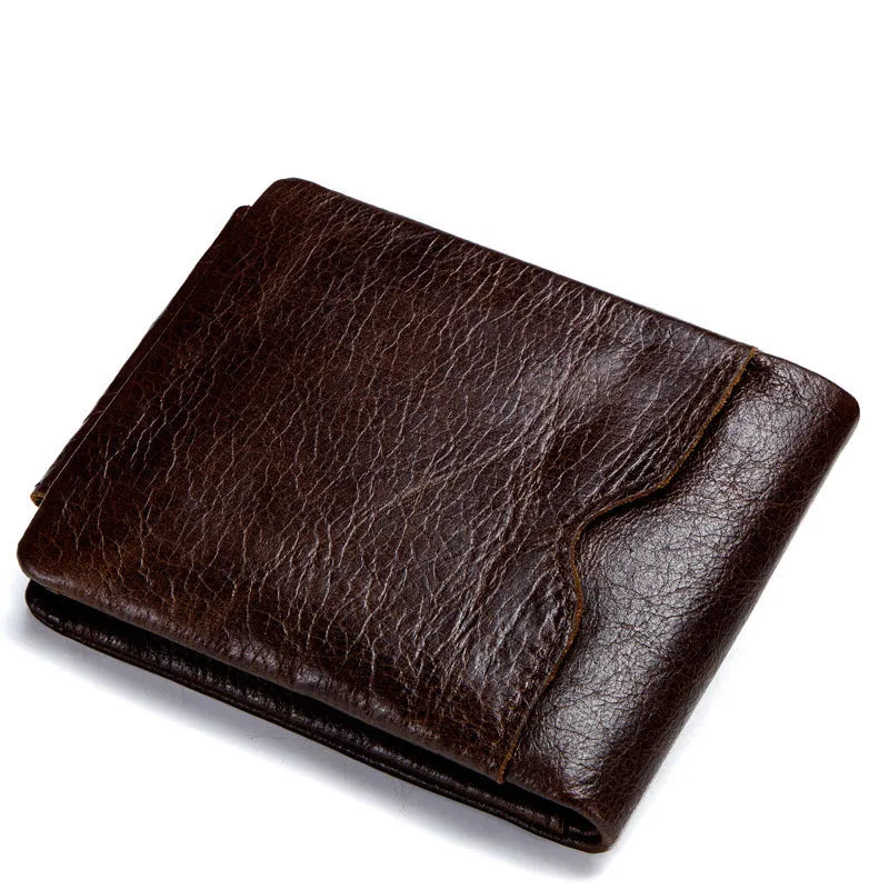 Vintage Crazy Horse leather tri-fold men's wallet in coffee colour, folded and showing card slots