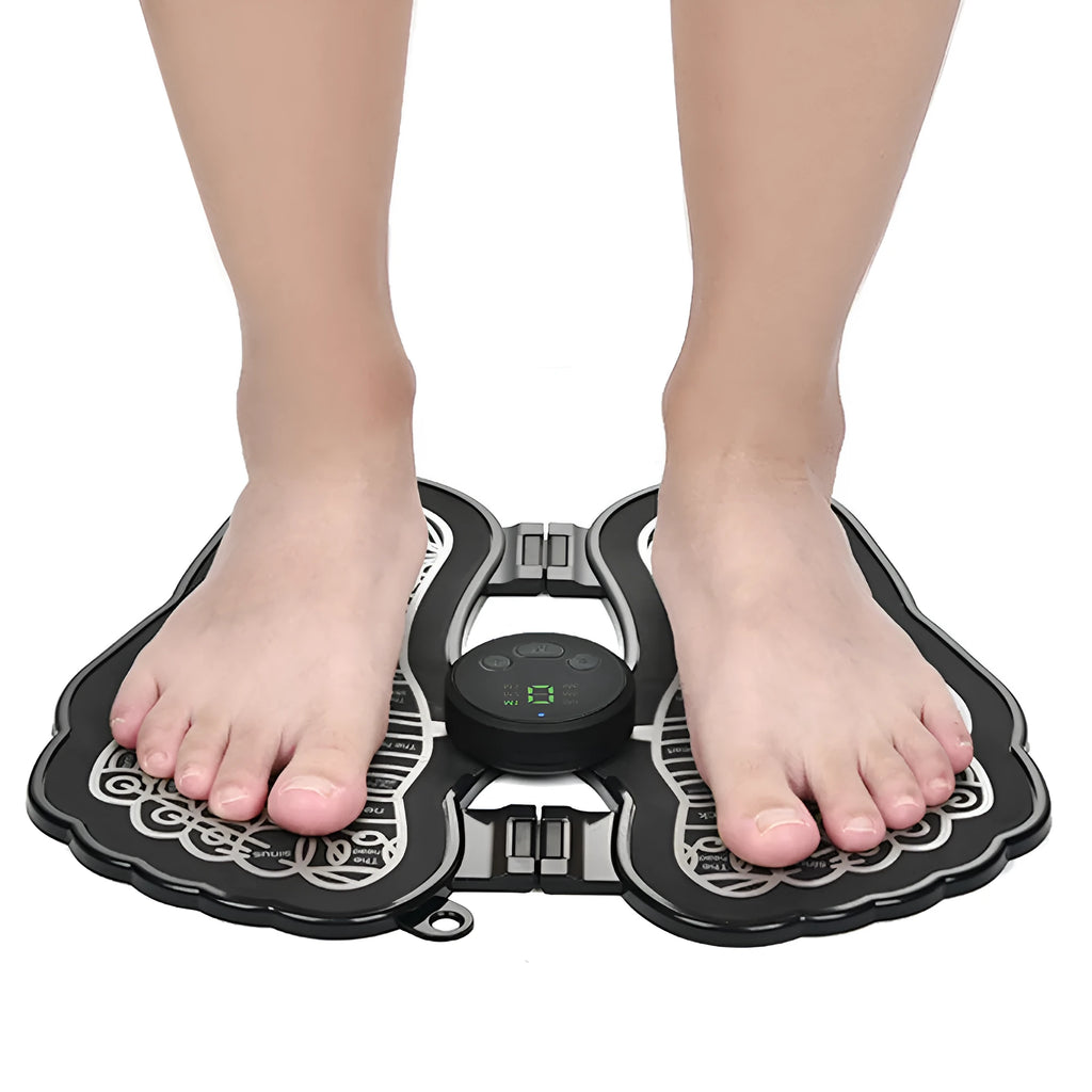 Black foldable EMS rechargeable foot massage mat with acupressure points, polypropylene, 30x29x1 cm