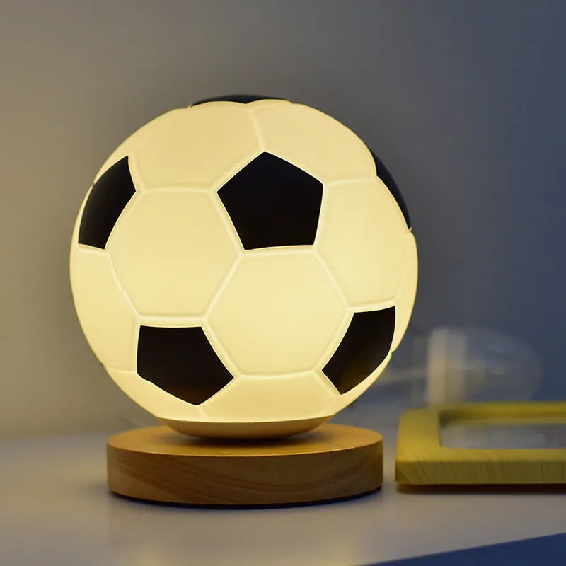Football LED small night lamp with glass shade, USB plug-in, black and white or wooden frame option