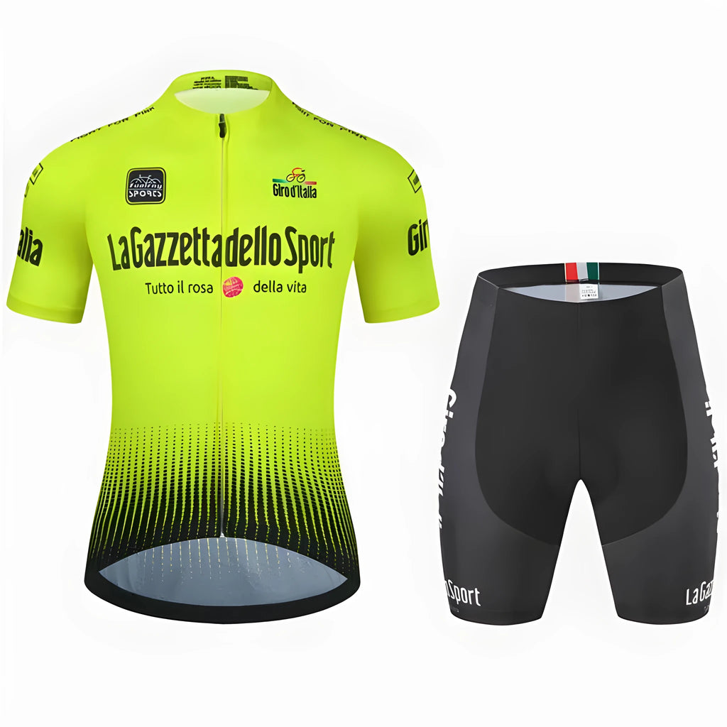 Patterned short sleeve road cycling jersey on a hanger, showing quick-dry polyester fabric.