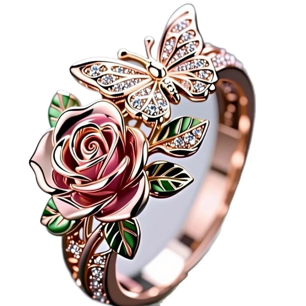 Adjustable fairy style butterfly ring with colourful oil drop centrepiece and leaf design.