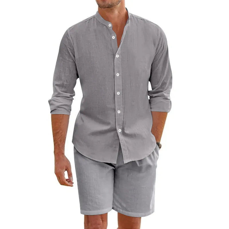Men's summer short sleeve shirt and drawstring shorts set in hemp blend fabric