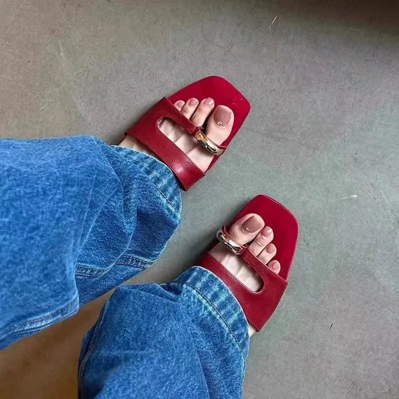 Square toe leather slippers with rubber sole in black, red, silver, or white colours for sizes 35 to 42