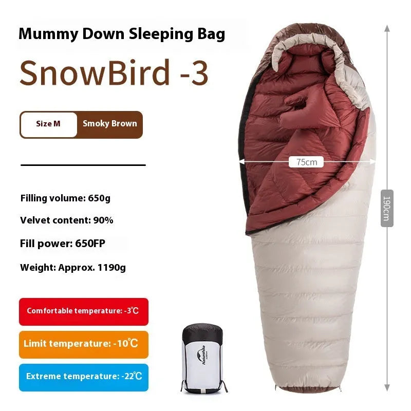 Snowbird goose down mummy sleeping bag in snowbird colour with storage bag.