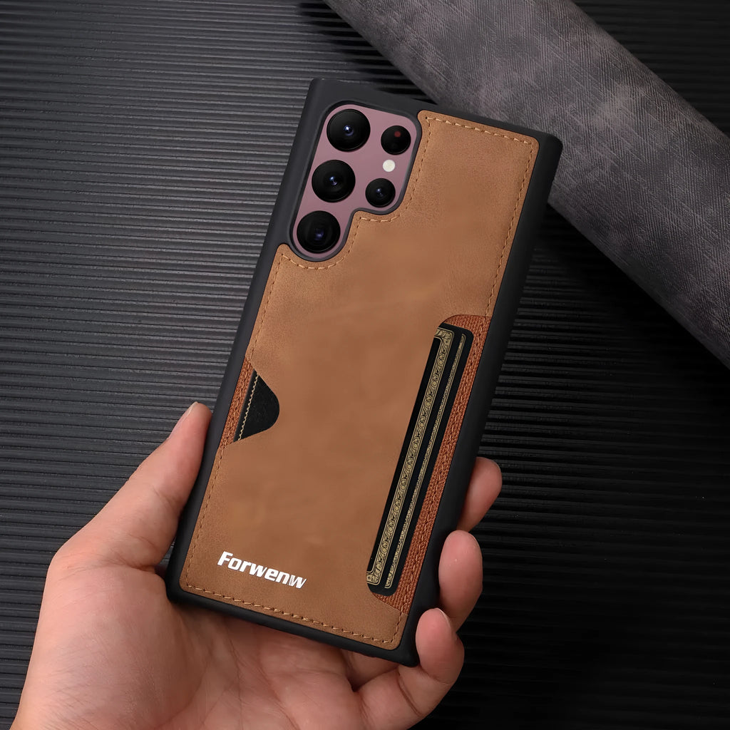 PU leather phone case for Samsung A54 A35 A15 A55 S24 S23 S22 S21 S20 Note20 with card slot, anti-fall, in black brown blue wine red Qingshan Dai