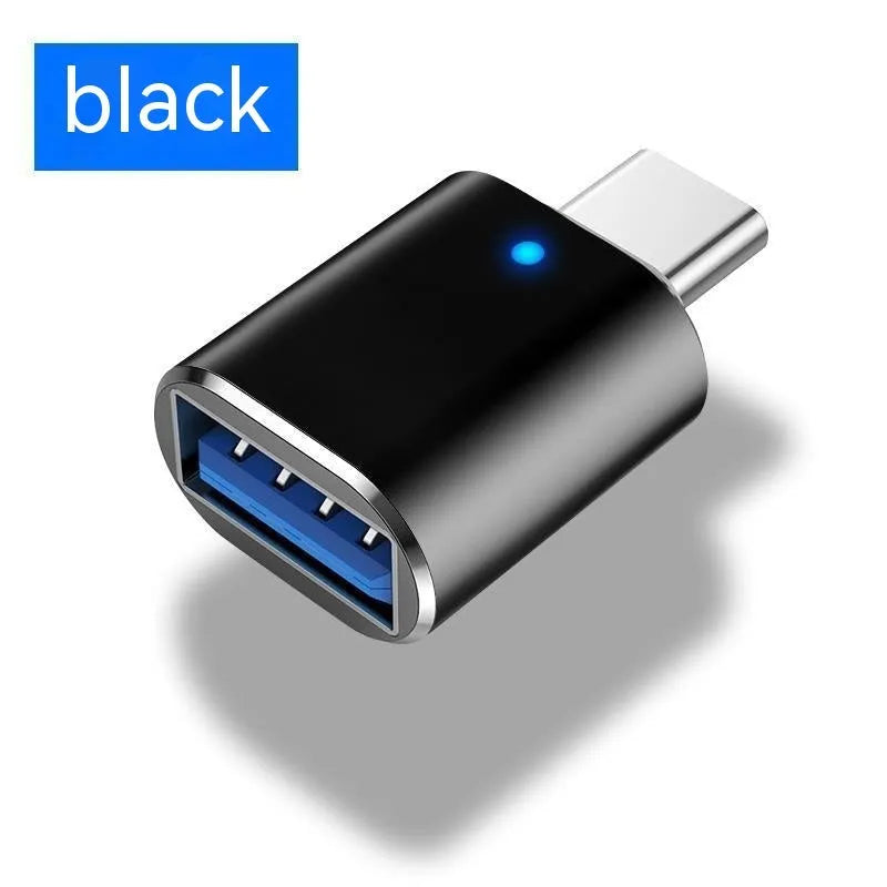 Type-C to USB 3.0 OTG adapter with indicator light showing connected to a phone and a mouse