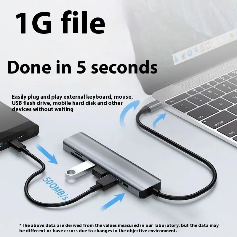 A Type-C multi-function expansion dock with HDMI, USB ports, and card slots on a 15 cm cable.