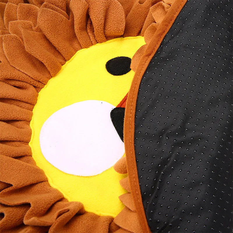 Brown lion-shaped fabric snuffle mat pet toy for dogs and cats