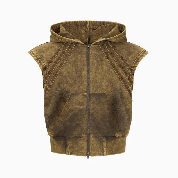 Stitching fur washed sleeveless hooded vest in black and gray - front zipper, short length, Korean style for teenagers