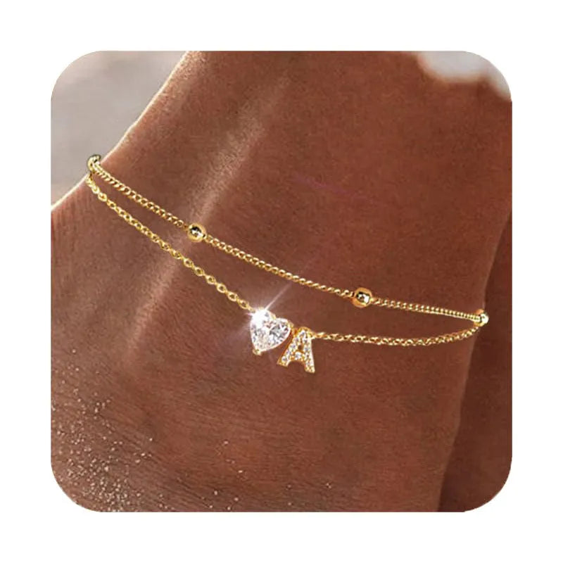 Copper initial anklet with zircon letter and double ring design, available in bead zircon or claw chain zircon