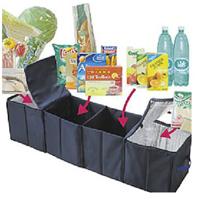 4-compartment foldable multipurpose car storage box in black oxford fabric, measuring 115x30x30cm