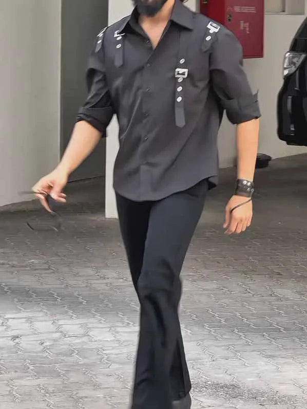 Men's black polyester utility-style button-up shirt with long sleeves on a mannequin.