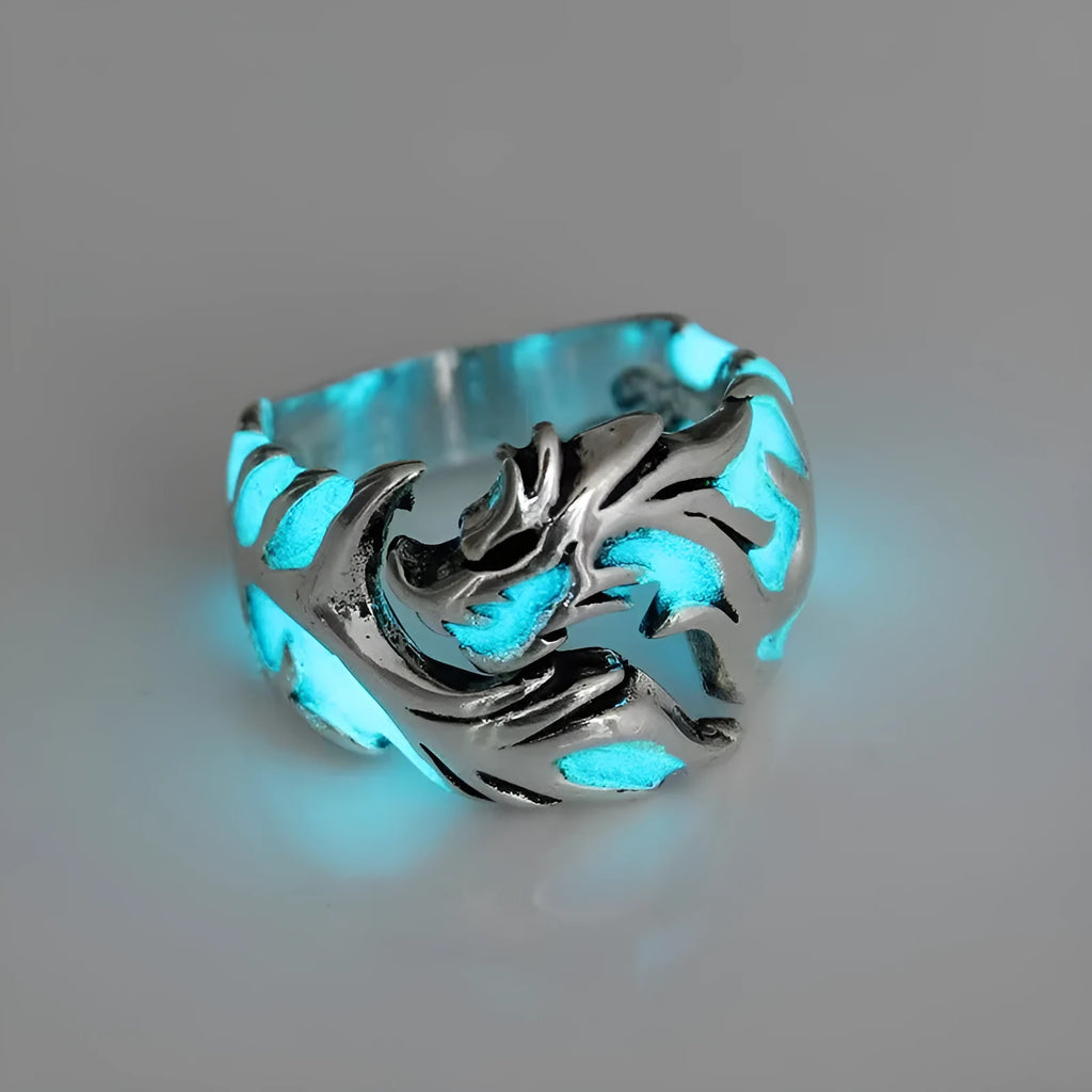 Adjustable Chinese style ring with luminous dragon pattern in archaism silver blue and green electroplated finish