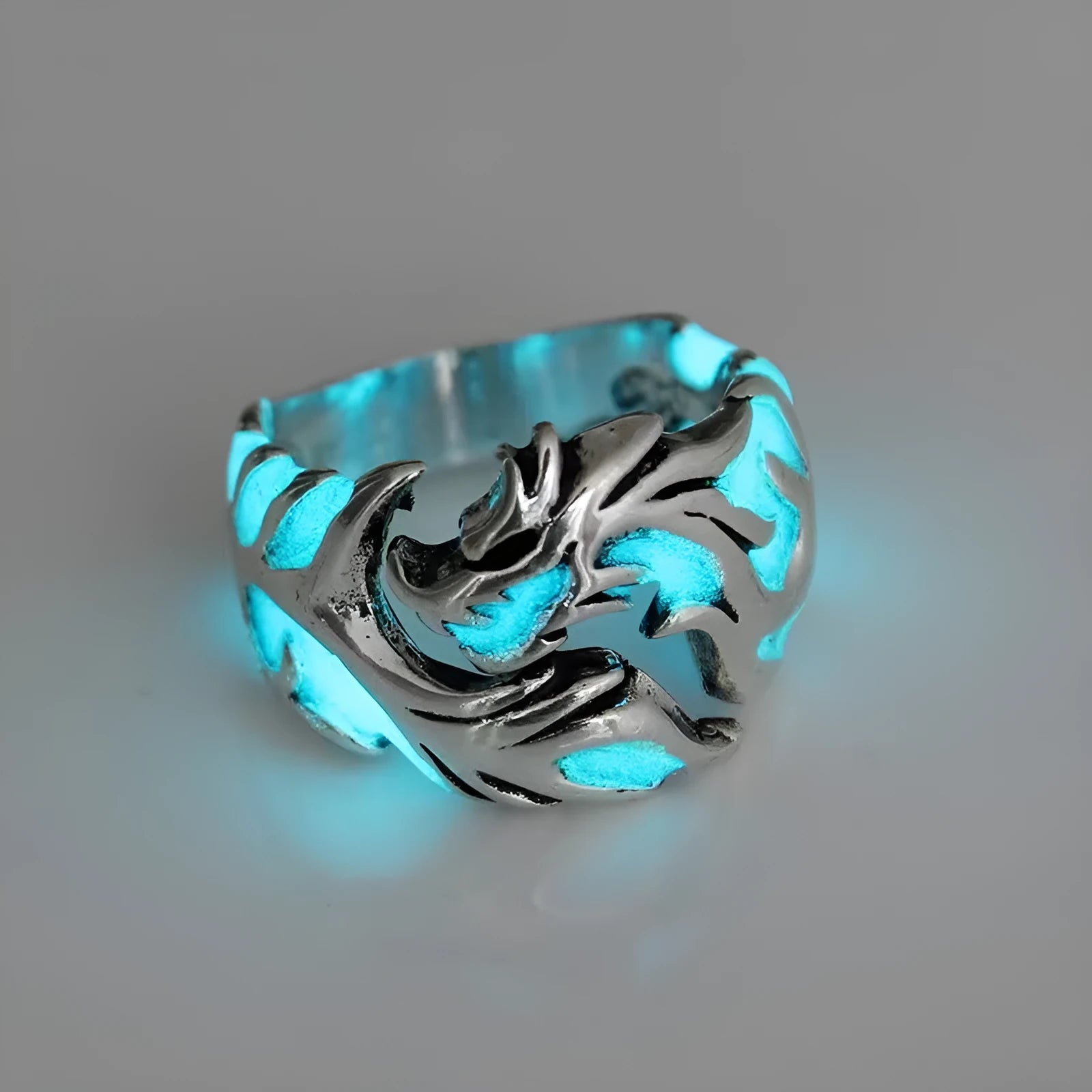Adjustable Chinese style ring with luminous dragon pattern in archaism silver blue and green electroplated finish