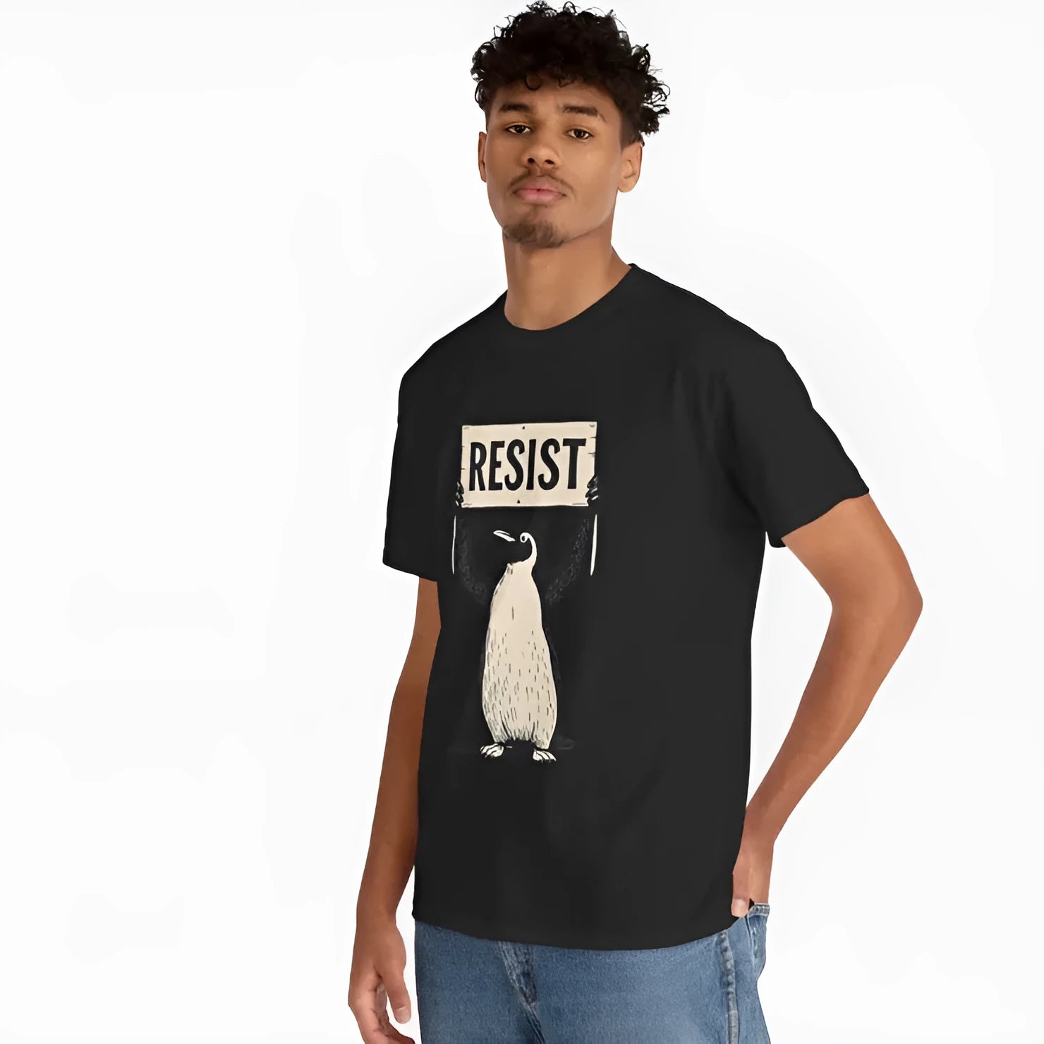 Loose fit short sleeve cotton t-shirt in black, green, or white on a hanger.