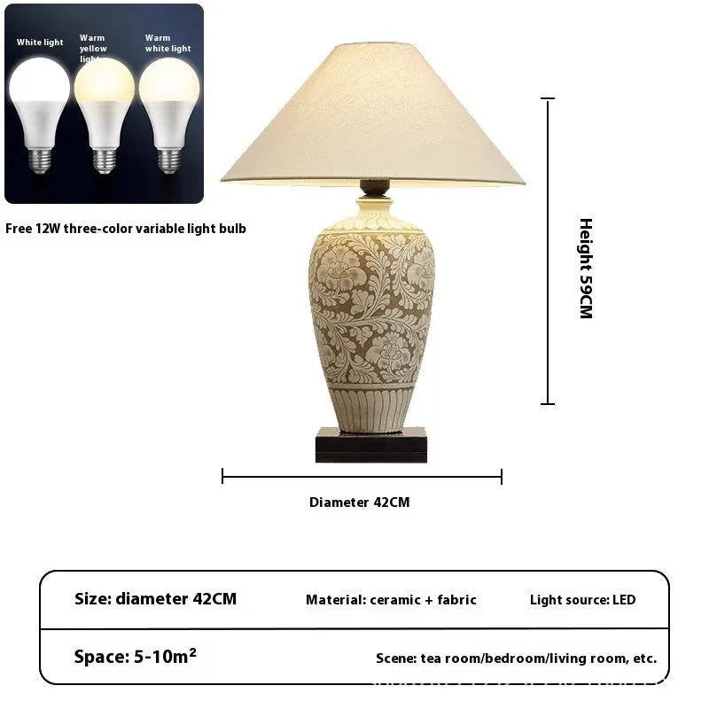 Japanese style ceramic and fabric table lamp with tri-colour and warm light, 59x42cm, for study room decoration