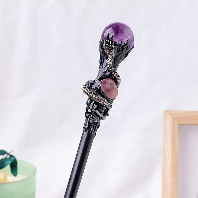 Natural crystal ball magic wand with amethyst stone topper for Halloween prop