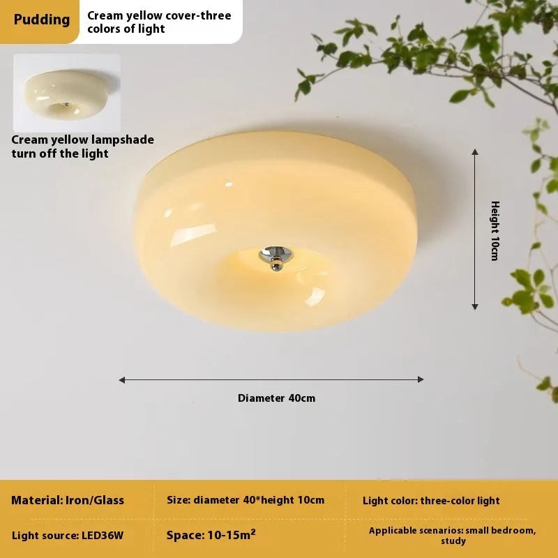Cream coloured American style bedroom ceiling lamp with a modern vintage design shown in a bedroom setting.