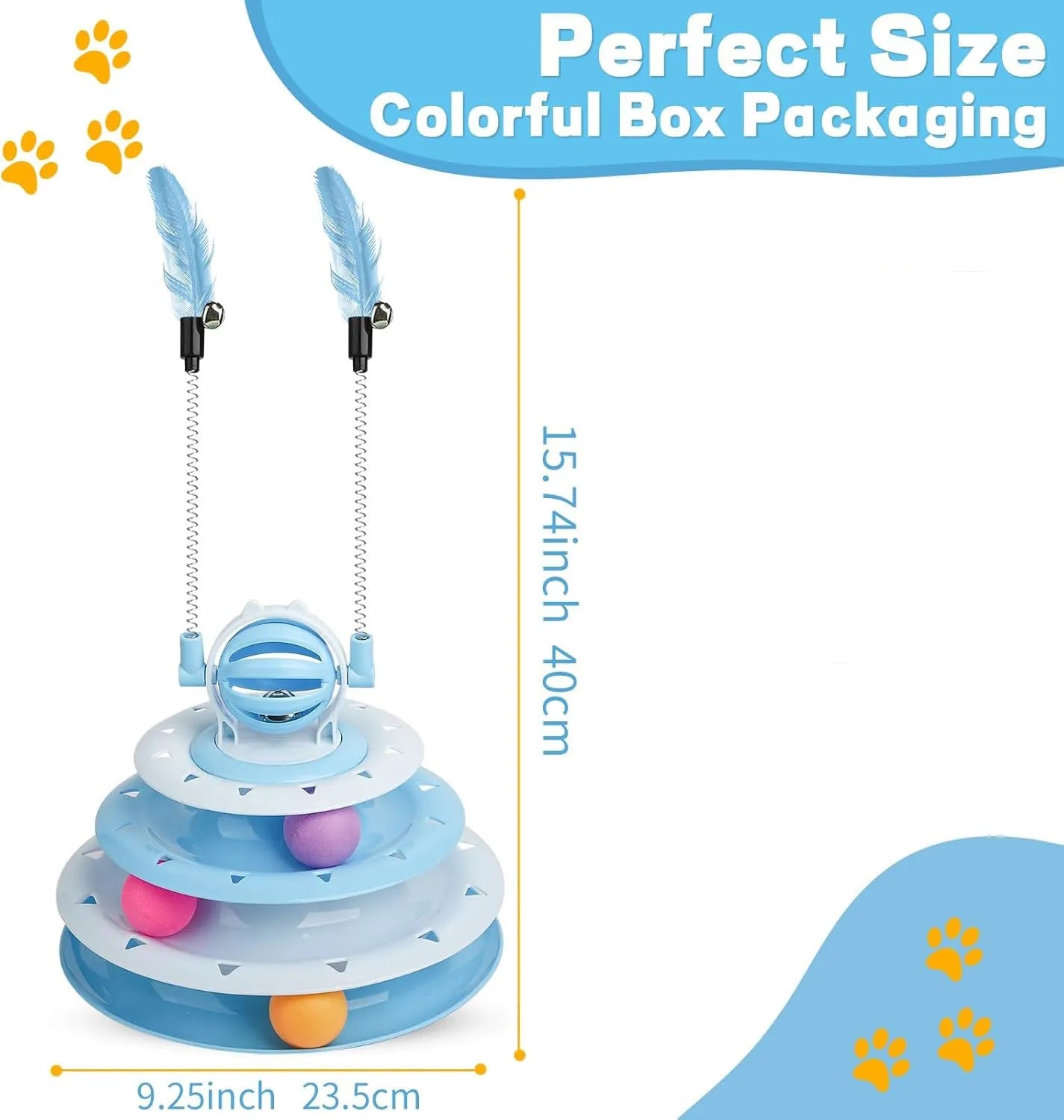 Blue 4-tier cat puzzle toy with 6 sliding balls and teasing rods on circular track