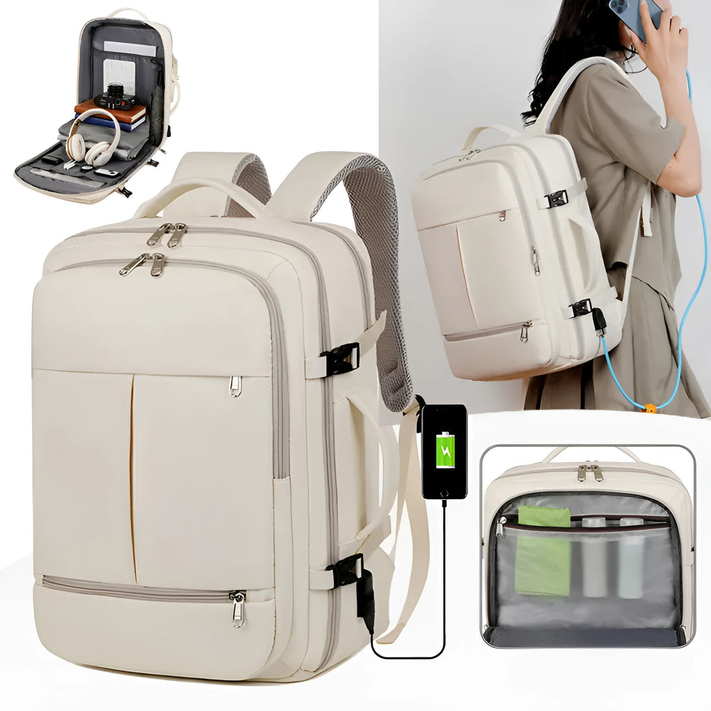 Large waterproof oxford backpack with multiple pockets open to show 15.6-inch laptop compartment