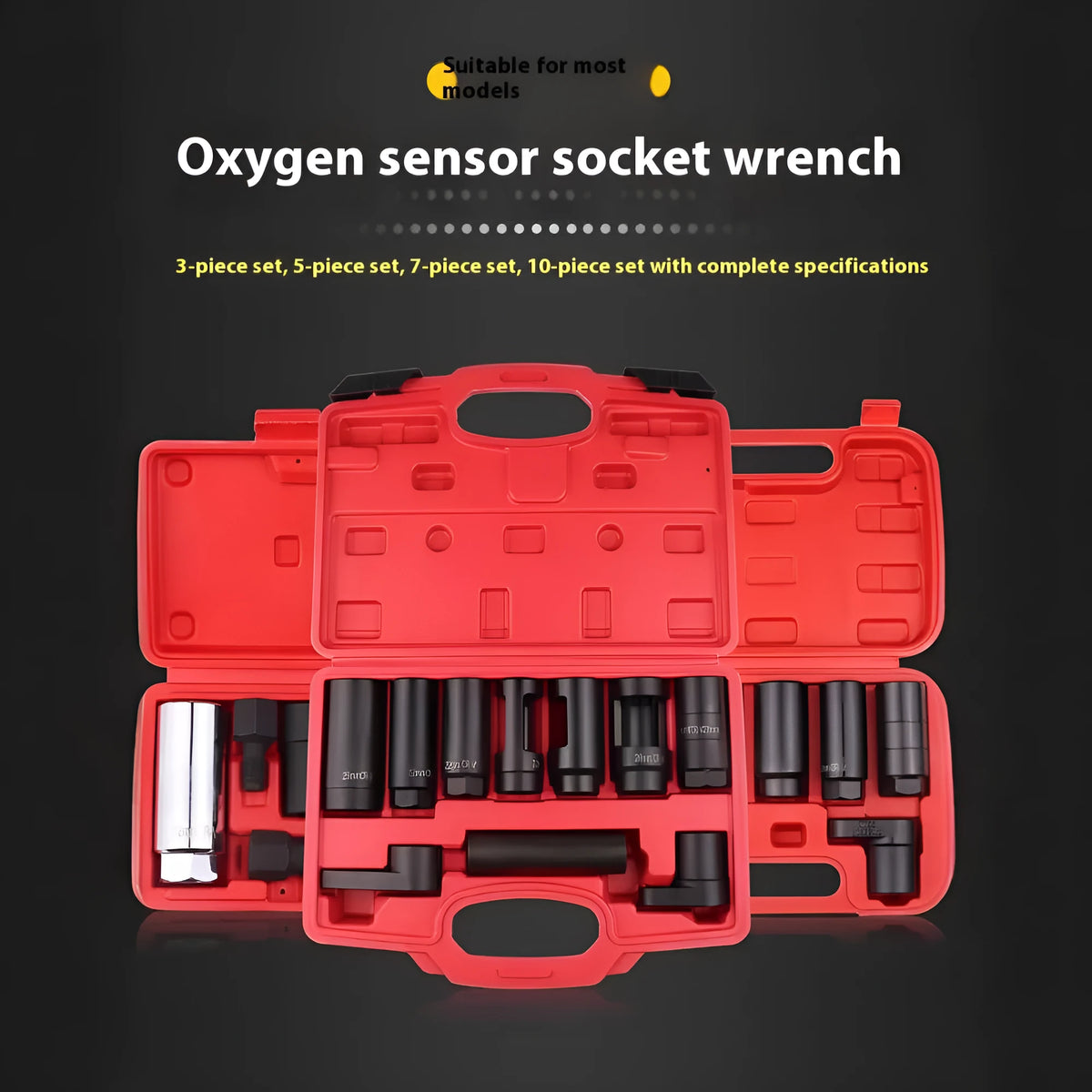 Oxygen sensor dismantling device chrome vanadium steel 7-piece sleeve set on grey background