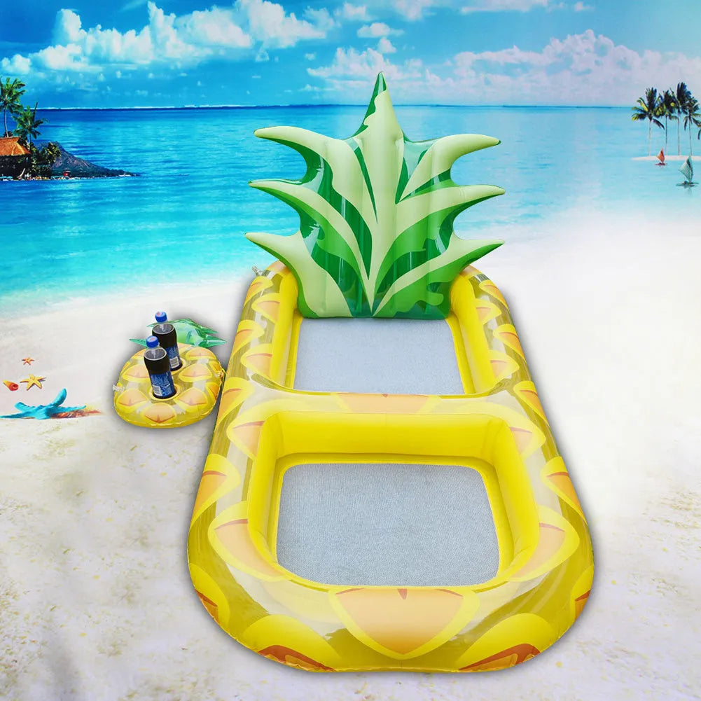 Inflatable pineapple pool lounger with cup holder floating on water in yellow colour