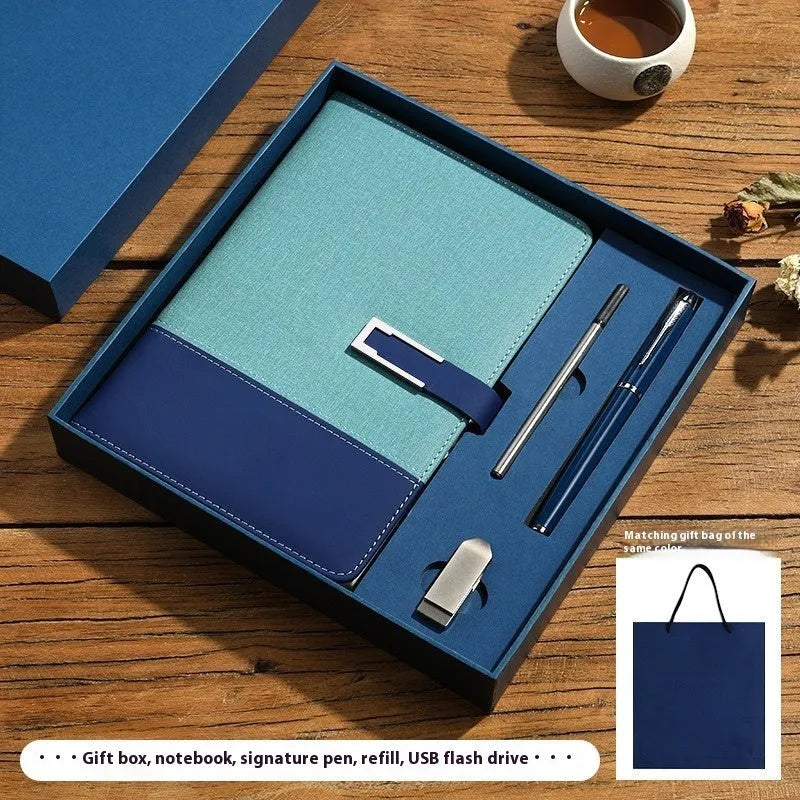 A5 leather notebook in choice of colours with gift box, open to show wood-free paper.