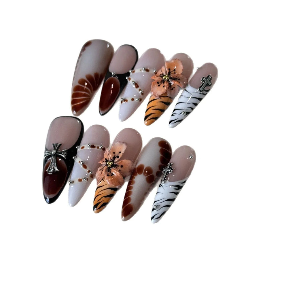 French style leopard print press-on nails with cross and flower patterns in four sizes