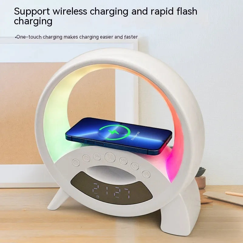 White USB digital alarm clock with night light and speaker showing alarm function and card slot
