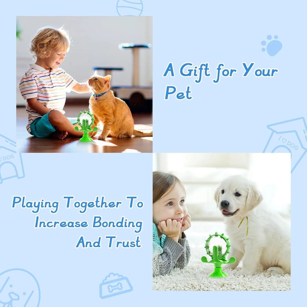 Interactive spinner puzzle toy for cats and dogs with food dispenser holes and sucker base