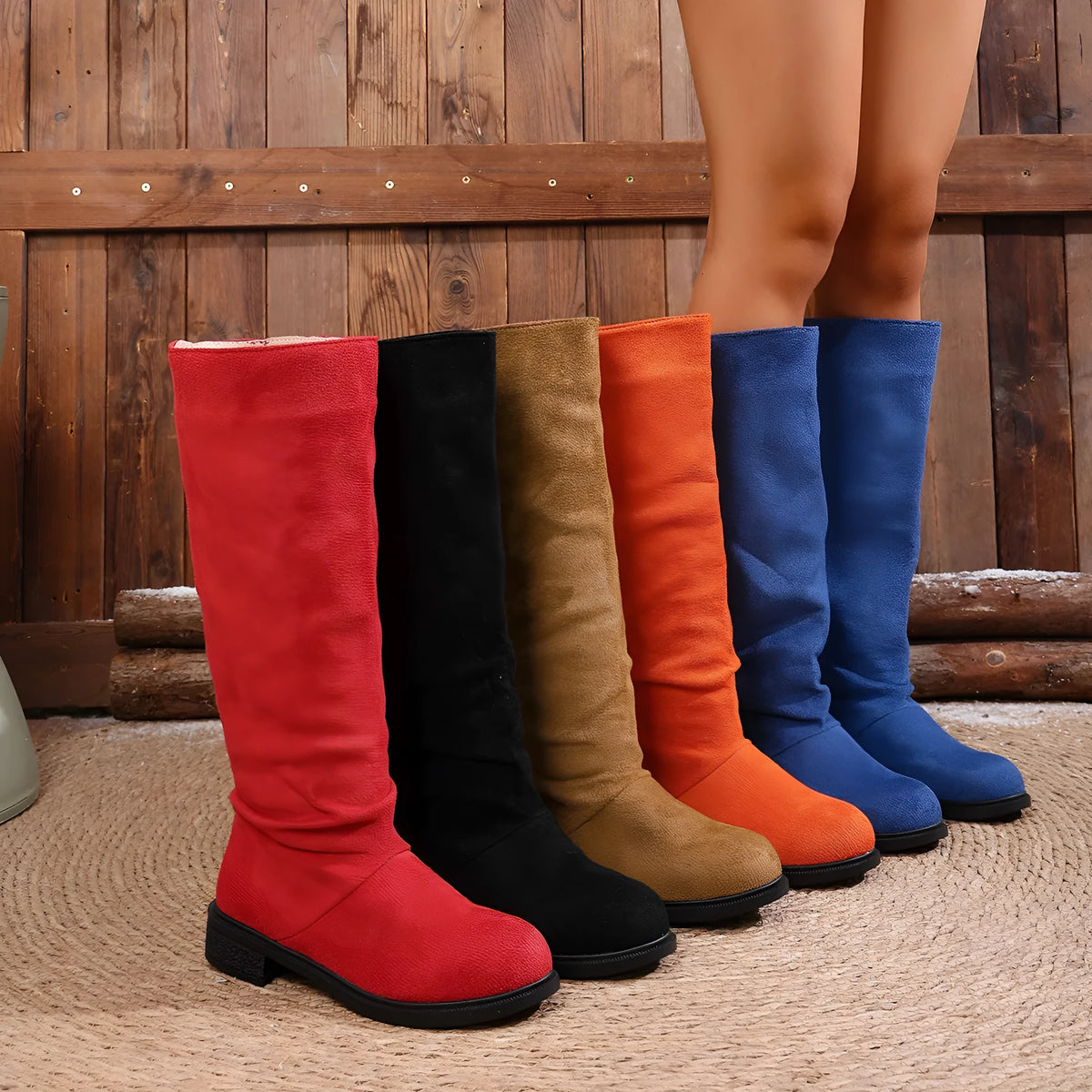 Women's cow suede below-knee boots with chunky 3-5cm mid heel, round toe and rubber sole, in black, blue, red, orange or brown