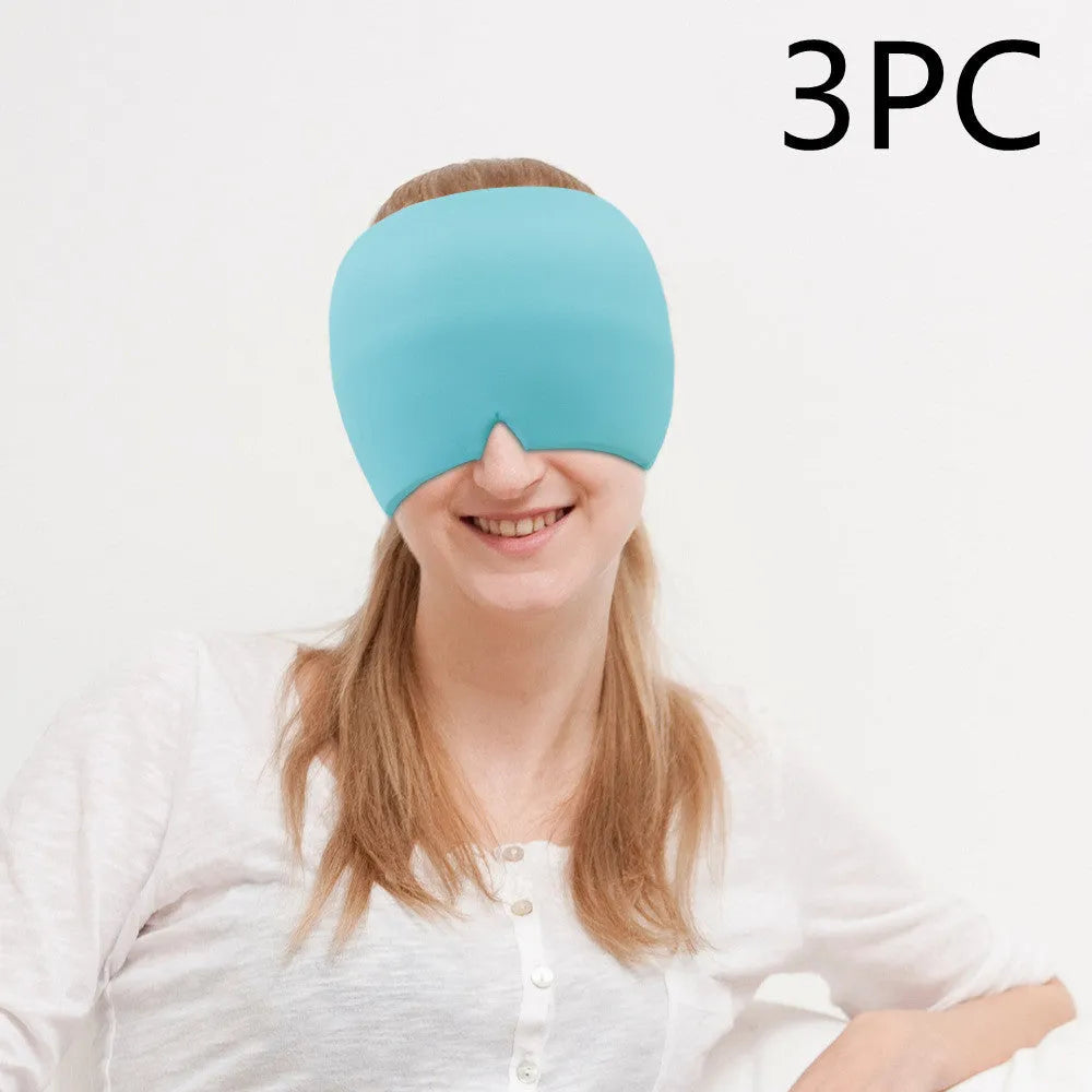 Black elastic ice gel headache relief eye mask shown on a mannequin head, adjustable for 42-66cm circumference.