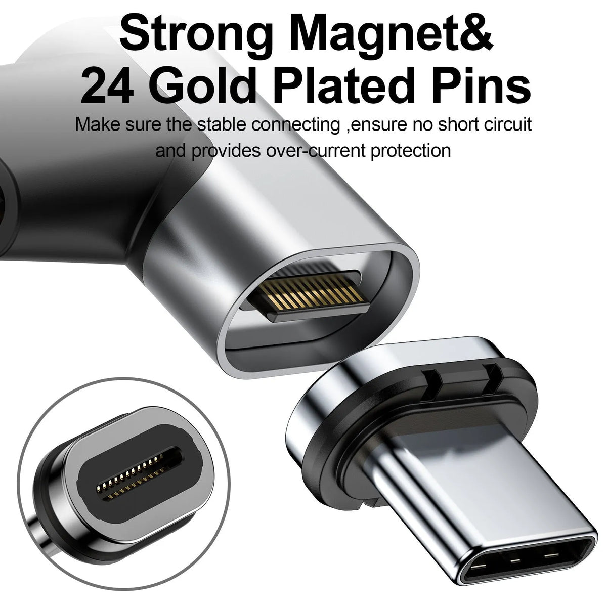 PD 100W USB-C adapter with aluminium alloy body, shown as Type-C elbow or straight magnetic head connector for phones and tablets