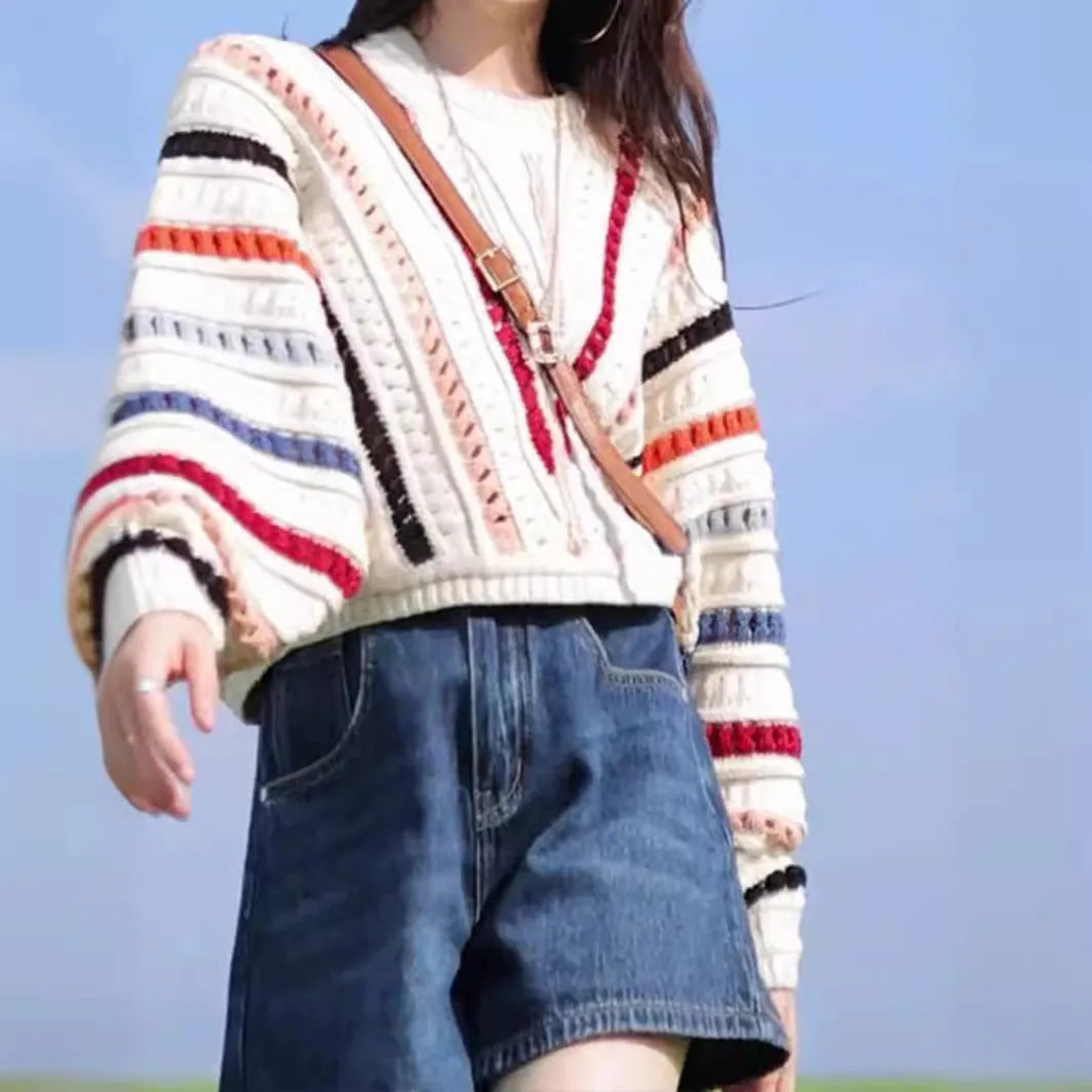 Retro rainbow striped loose fit sweater with batwing sleeves and round neck