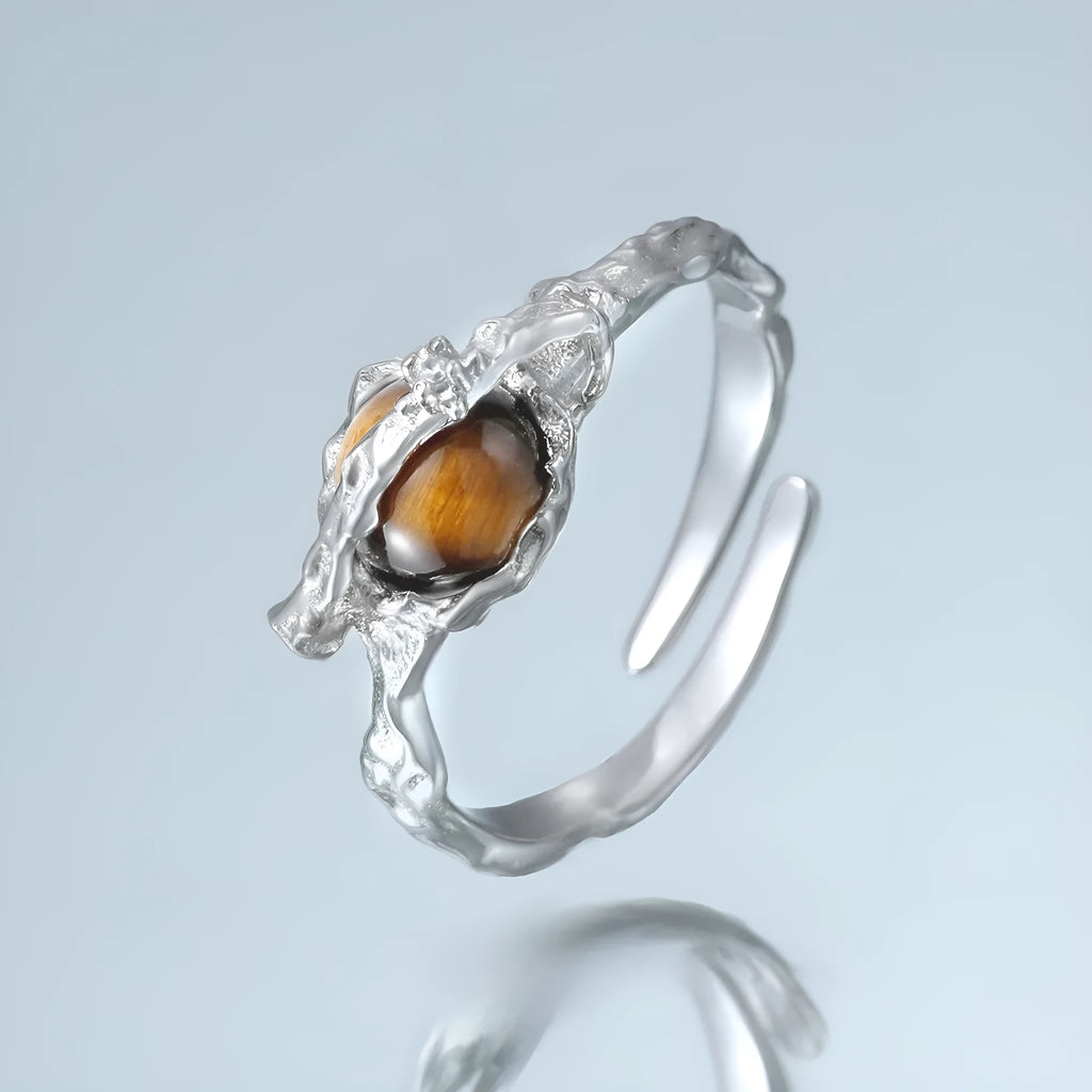Saturn Tigereye adjustable silver ring with white gold electroplated finish and open design