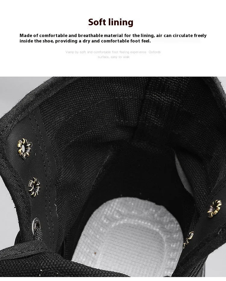 Thick-soled canvas men's motorcycle boots in black, side view showing round toe and front lace-up