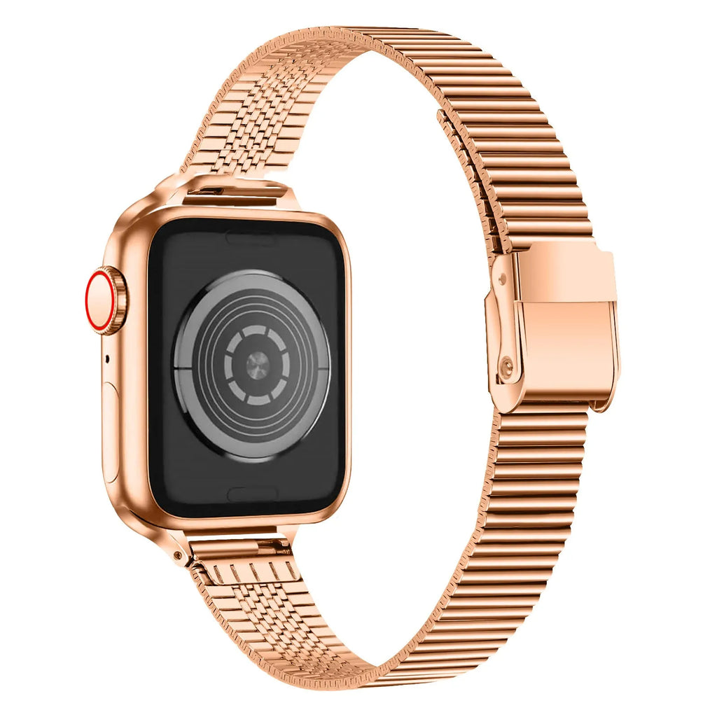 Stainless steel Apple Watch strap with double insurance buckle and one bead, available in four colours and two sizes.