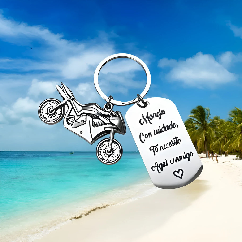 Stainless steel motorcycle key ring with modern design and protective flannel bag