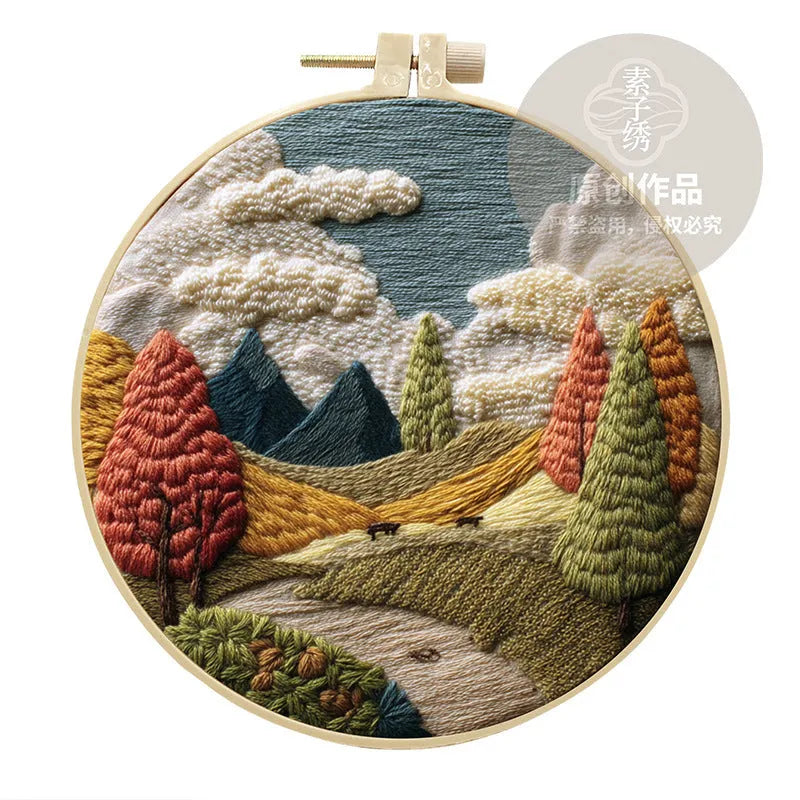 Embroidery DIY kit with landscape printed fabric, threads, needles and 15cm bamboo frame