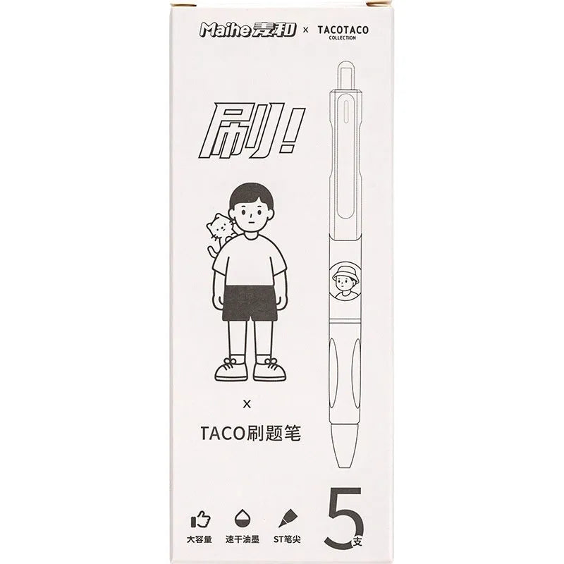 Set of five white ballpoint pens with black ink and 0.5mm tips on a table.